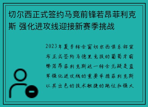 切尔西正式签约马竞前锋若昂菲利克斯 强化进攻线迎接新赛季挑战