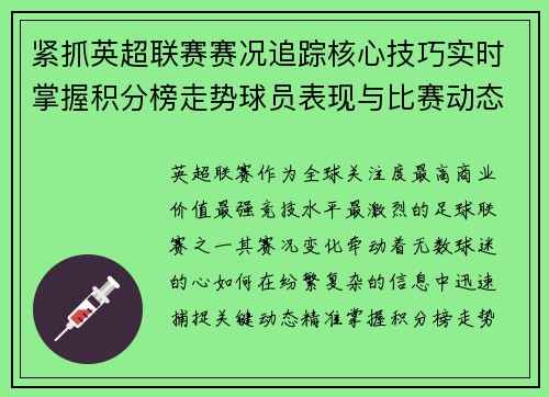 紧抓英超联赛赛况追踪核心技巧实时掌握积分榜走势球员表现与比赛动态