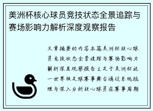 美洲杯核心球员竞技状态全景追踪与赛场影响力解析深度观察报告